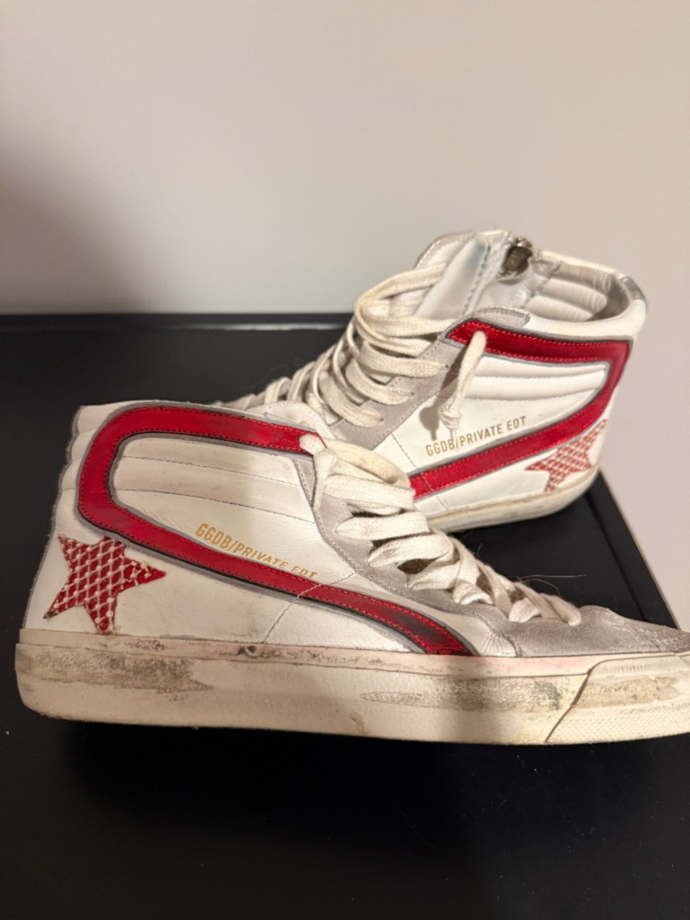 Golden Goose Whte and Red stripe high top sneakers with side zipper